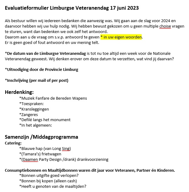 Evaluatieformulier Limburgse Veteranendag 17 juni 2023